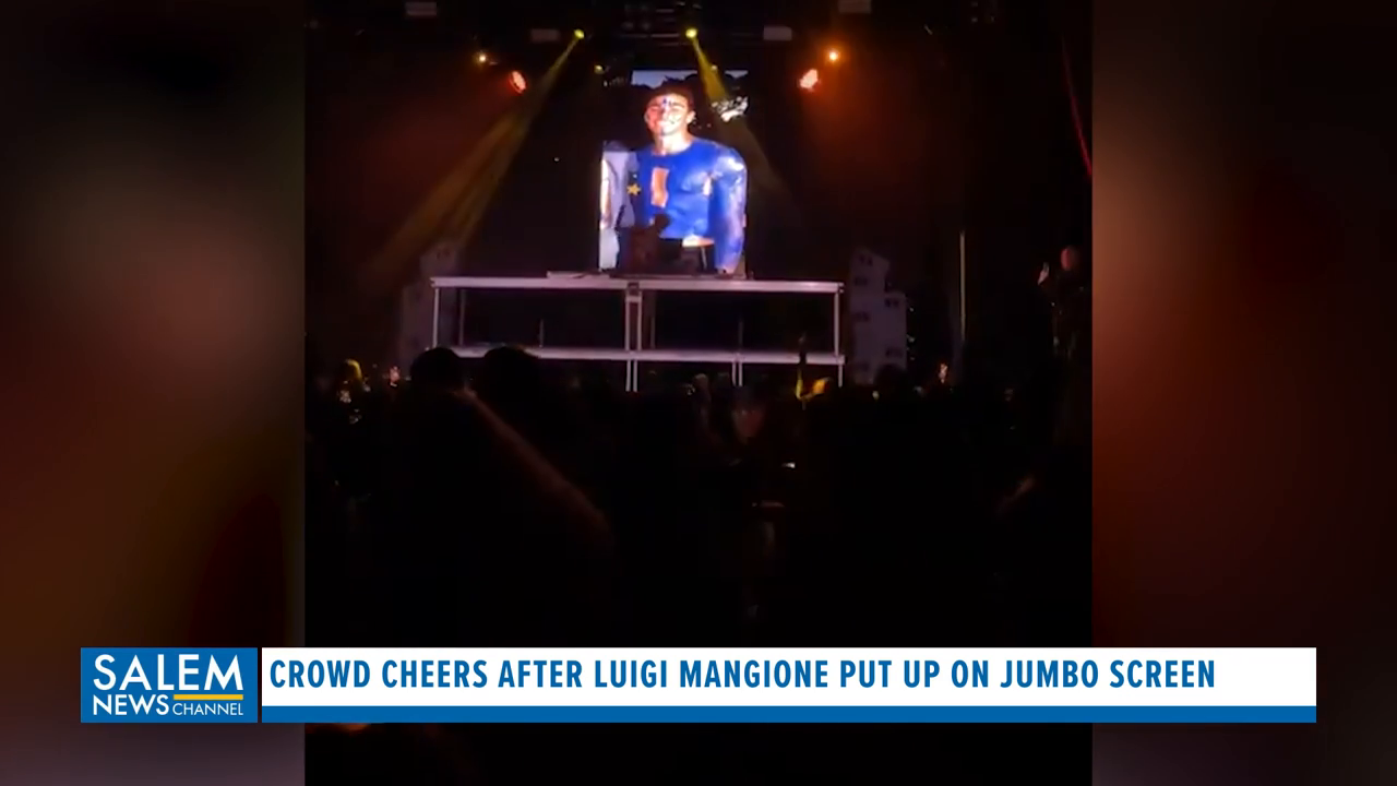 Crowd cheers after luigi mangione put up on jumbo screen at bop to the